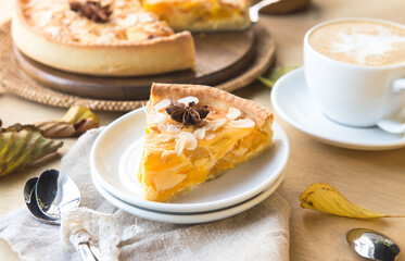 Traditional french quiche pie served on a table for lunch