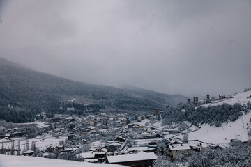 Winter landscapes of the high-altitude settlement of Mestia, Svaneti, Georgia. Swan towers. 