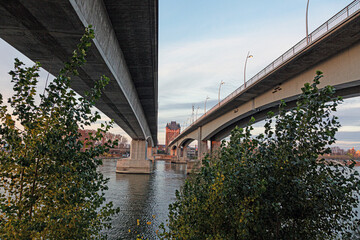 View of the Nibelungen Tower and Nibelungen Bridge in Worms without traffic and people