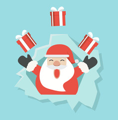 Santa Claus with gift in ripped paper hole