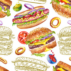 Seamless pattern with hamburgers, cola and hot dogs on a white background. Fast food, watercolor illustration for the menu, print for fabric, wrapping paper, postcards and other designs.