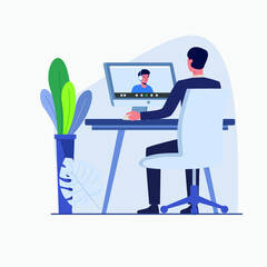 A freelance worker working on a laptop. Meetings via teleconference. Online work meeting. Work from home.