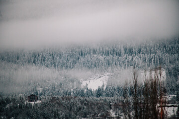 Fototapeta na wymiar Winter landscapes of the high-altitude settlement of Mestia, Svaneti, Georgia. Swan towers. 