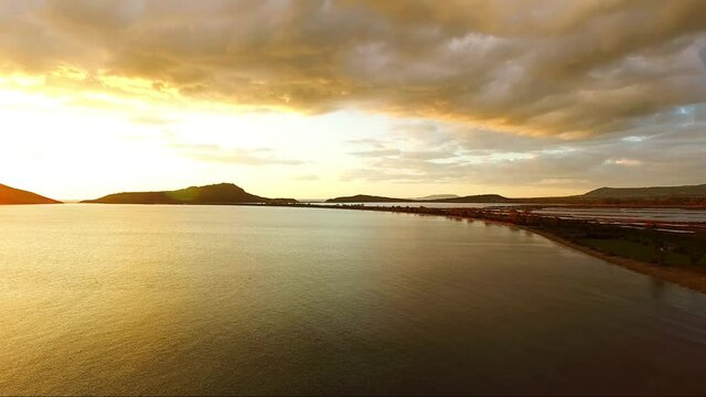 Aerial view of Pylos (Navarino) bay, Peloponnese, Greece, at dusk