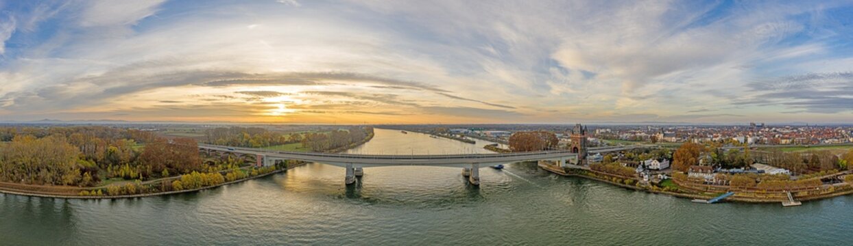 Aerial panoramic picture of the Nibelungen Bridge in Worms and river Rhine