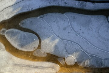 The first autumn frosts, ice on puddles.