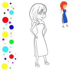 Coloring and colored image of standing fashion girl. Coloring page supermodel. Can be used for print, magazine, poster. Vector illustration.