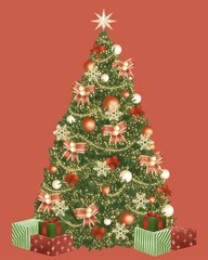 beautiful christmas tree decorated detail cartoon