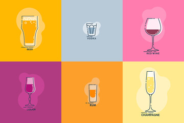 Shot beer, vodka, red wine, liquor, rum, champagne wineglass line art in flat style. Restaurant alcoholic illustration for celebration design. Beverage outline icon. Isolated contour object.
