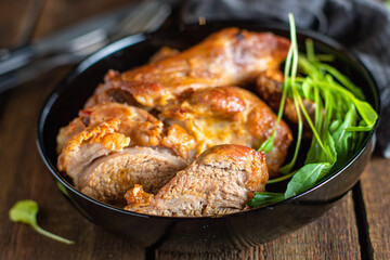 fried baked meat pork or beef  bbq preparing healthy meal snack top view copy space for text food background rustic keto or paleo diet