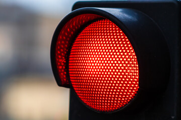 Traffic light with red light. Traffic light signal semaphore close up isolated.