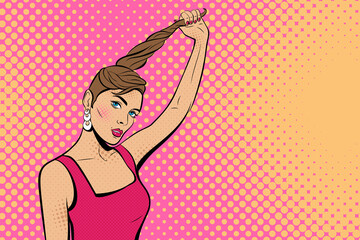 Sexy beautiful girl pulls her hair. Background in comic style retro pop art. Invitation to a party. Face close-up.