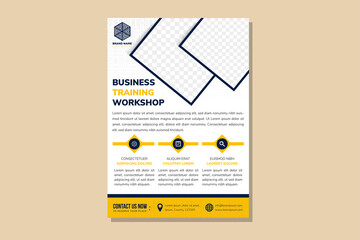 flyer design template for promotion use example headline business training workshop, double square space for photo collage. blue and yellow element banner in white background use vertical layout. 