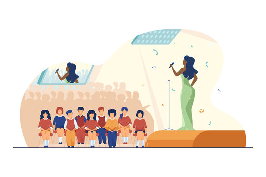 Concert For Schoolchildren. Performer Singing On Stage, Kid In Audience Hall Flat Vector Illustration. Entertainment, School Party, Performance Concept For Banner, Website Design Or Landing Web Page