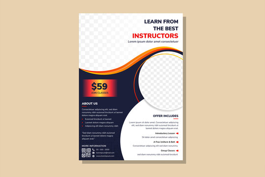 flyer design template for promotion use example headline learn from the best instructors, combination circle and wave element use orange yellow gradient in dark blue background. vertical layout. 