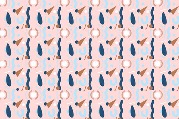 abstract seamless pattern design. Hand drawn various shapes and doodle objects. Contemporary modern trendy vector illustrations. every shape isolated in pink color background. Pastel colors