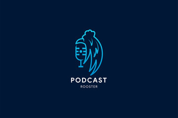 podcast rooster logo design template. soft blue gradient icon isolated dark blue background.