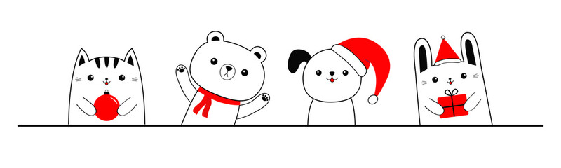 Cat kitten Dog Bear Bunny Rabbit animal set holding gift box, xmas ball. Merry Christmas. Cartoon kawaii character. Cute face. Red santa hat, scarf. Funny baby pet. Flat design. White background.