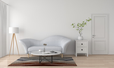 Gray sofa and table in white living room for mockup, 3D rendering