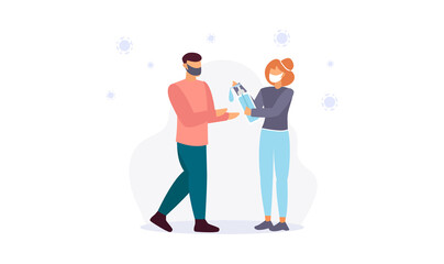 Woman sprinkles sanitizer on mans hands. Vector illustration
