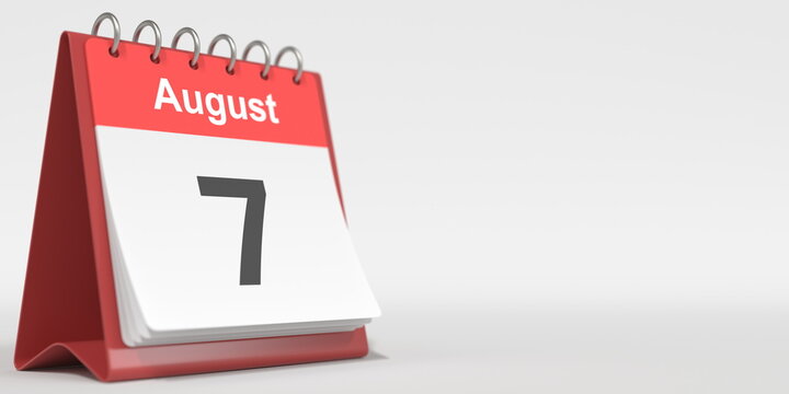 August 7 date written in German on the flip calendar page. 3d rendering