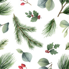 Watercolor vector Christmas seamless pattern with fir branches.