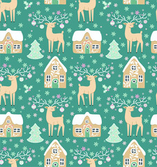 Vector Christmas pattern with fairytale deer houses in the snow and Christmas trees. Winter cozy digital drawing Seamless texture for decorative items. Festive traditional background