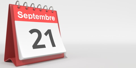September 21 date written in French on the flip calendar page, 3d rendering
