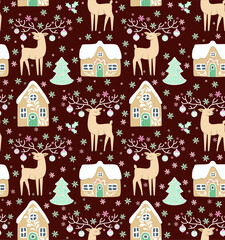 Vector Christmas pattern with fairytale deer houses in the snow and Christmas trees. Winter cozy digital drawing Seamless texture for decorative items. Festive traditional background