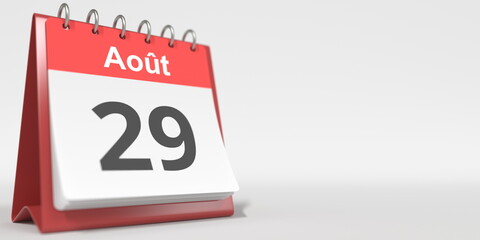 August 29 date written in French on the flip calendar page, 3d rendering