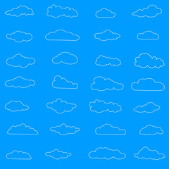 Outline cloud icons set isolated on blue background. Collection of different black clouds. Cartoon contour icons for web site, background template, wallpaper and sky design. Clouds thin line vector