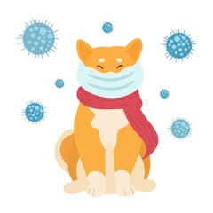 Coronavirus prevention. Cute dog wears medical face mask. Virus and bacteria protection. Vector illustration in cartoon style.