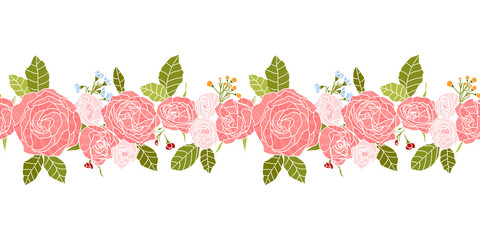 Vector pattern with beautiful bouquet. Vintage botanical hand drawn illustration of pink rose. Flowers and leaves seamless pattern. Wedding design. Pattern border design. Color floral pattern