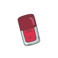 Glass bottle with red nail polish. Beauty make-up product. Girly stuff. Colorized doodle style. Vector illustration on isolated white background. For printing on paper and web.