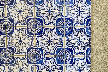detail of one of the 800 tiled facades with geometric azulejos identified in Ovar, Aveiro district,...