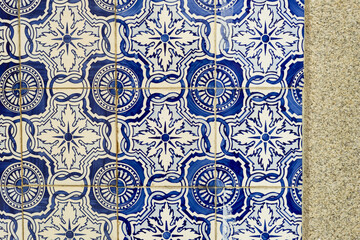 detail of one of the 800 tiled facades with geometric azulejos identified in Ovar, Aveiro district, Portugal