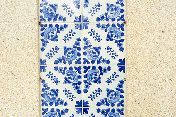 detail of one of the 800 tiled facades with geometric azulejos identified in Ovar, Aveiro district,...