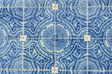 Fototapeta na wymiar detail of one of the 800 tiled facades with geometric azulejos identified in Ovar, Aveiro district, Portugal