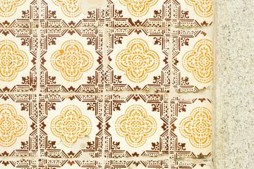 detail of one of the 800 tiled facades with geometric azulejos identified in Ovar, Aveiro district,...
