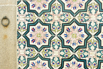 detail of one of the 800 tiled facades with geometric azulejos identified in Ovar, Aveiro district,...