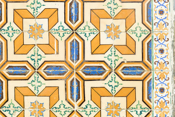 detail of one of the 800 tiled facades with geometric azulejos identified in Ovar, Aveiro district, Portugal