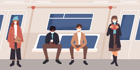 People in train on seat. Public transport, subway, bus. Characters with protective face masks. Social distancing in public place. New normal, pandemic, stop virus. Poster, landing page