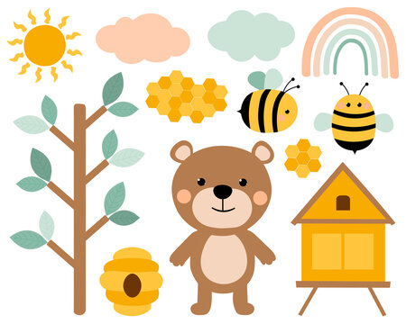 Bear bees honey vector illustration. Pink and blue trees cloud rainbow
