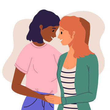 Lesbian female couple hugging, gay couple. Woman hug and kiss. Homosexuality. LGBTQ+ people, lesbians, human rights freedom. Multiethnic characters, african ladies. Love relationship, romantic date.