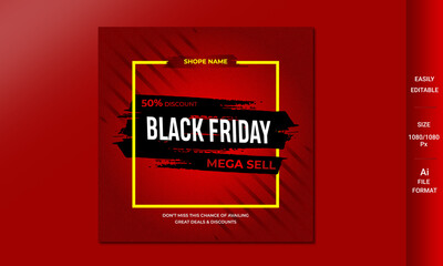 Black Friday social media post template with a red background, Abstract vector Black Friday social media web banner layout.