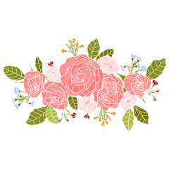Vector background with beautiful bouquet. Vintage botanical hand drawn illustration of pink rose. Background with flowers and leaves. Wedding design. bouquet vector style. Color floral pattern