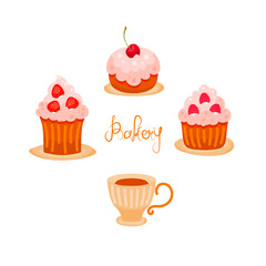 Set of cute cartoon cupcakes with cherry, strawberry, raspberry and cup of tea or coffee. Sweet food design concept isolated on white. Stock vector illustration for bakery menu, poster, logo, icon