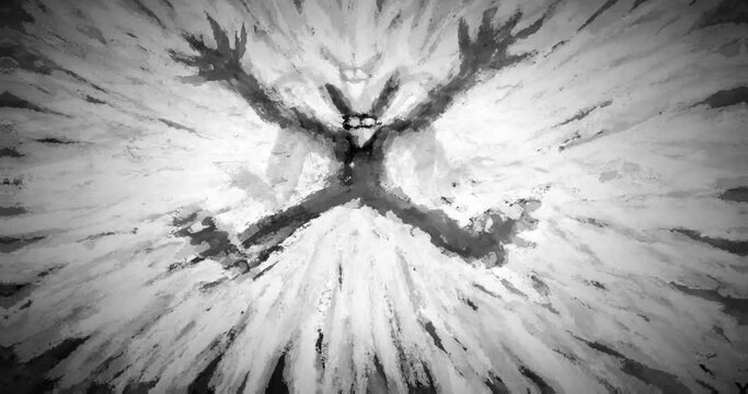 Scary rabbit jumps and falls, turning into blot. Demon hare from dark 2D animation in horror genre. Animated 4K footage nightmares. Funny drawn cartoon for Halloween. Vj loop bunny dance. Ink effect.