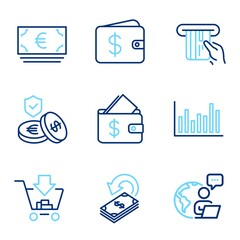 Finance icons set. Included icon as Shopping, Credit card, Dollar wallet signs. Bar diagram, Savings insurance, Cashback symbols. Wallet, Euro currency line icons. Add to cart, Atm payment. Vector