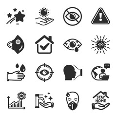 Set of Medical icons, such as Rubber gloves, Sun protection, Ð¡onjunctivitis eye symbols. Eye target, Medical mask, Coronavirus signs. Not looking, Washing hands, Coronavirus statistics. Vector